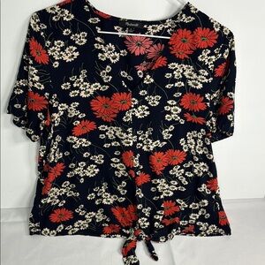 Madewell Black and Red Tie Front Blouse with Peter Pan Collar